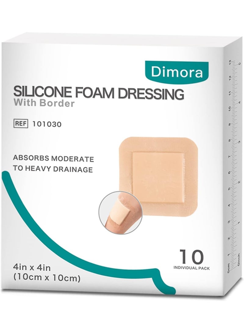 Dimora Silicone Foam Dressing with Border Adhesive 4"x4" Wound Dressing First Aid Bandage for Wound Care 10 Pack